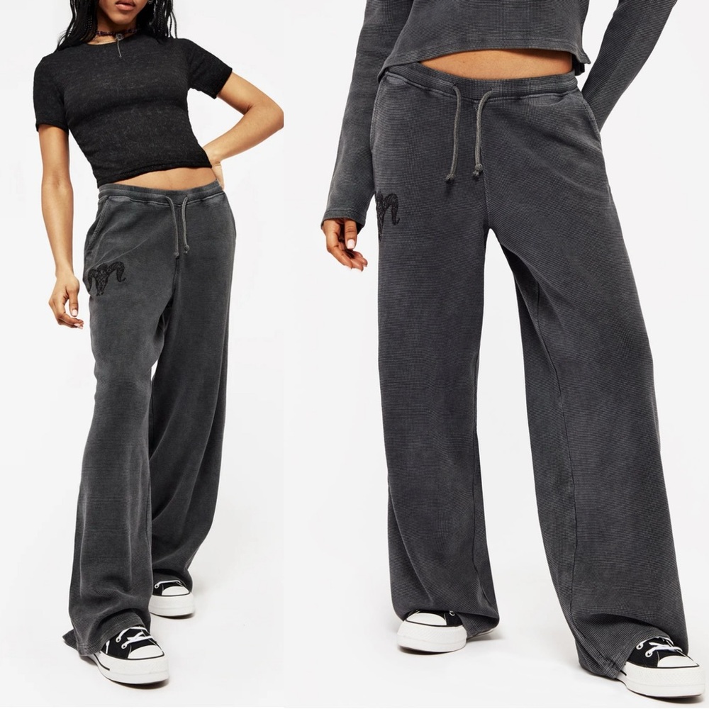 Disturbia Ariel Embroidered Gray Ram Wide Leg Sweatpants Pants Goth Grunge Y2K